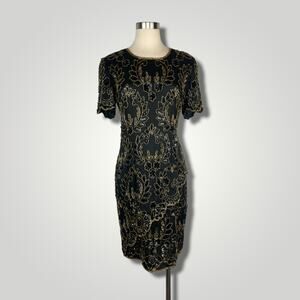 Vintage Dress 1980s Stenay Silk Beaded Dress Black Gold Short Slv Knee Med B101